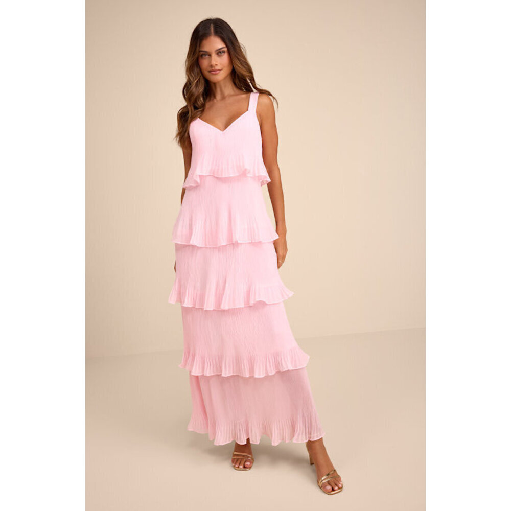 Lulus Elegant Nature Blush Pink Pleated Sleeveless Tiered Maxi Dress - Size M